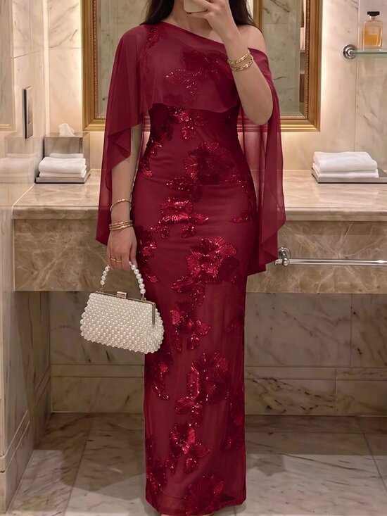 Dresses & Skirts - Burgundy Party Women's Asymmetrical Shoulder Sleeveless Fitted Mesh Dress